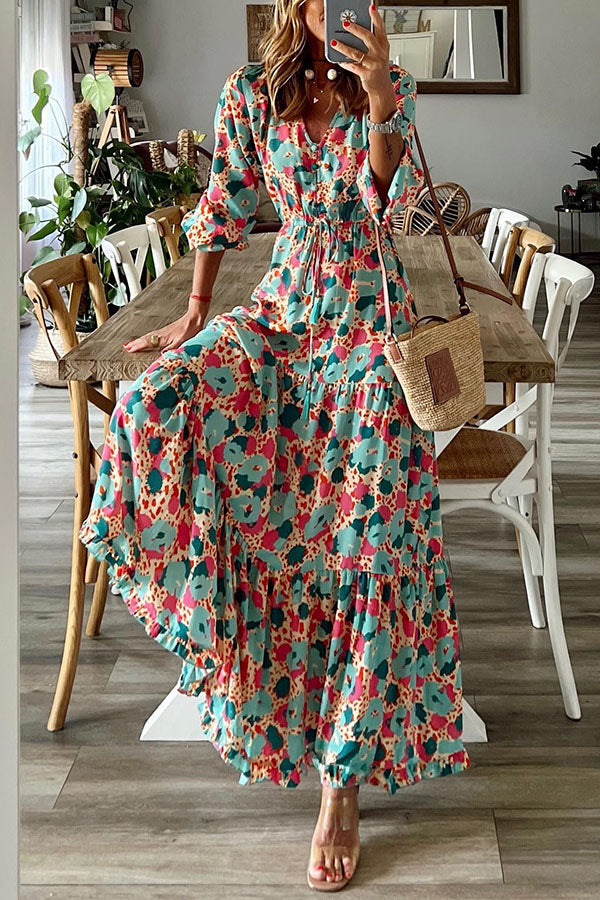 Abstract Floral Print Drawstring Waist Tiered Blouson Sleeve Maxi Dress
