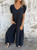 Women's V-Neck Leopard Print & Solid Jumpsuit