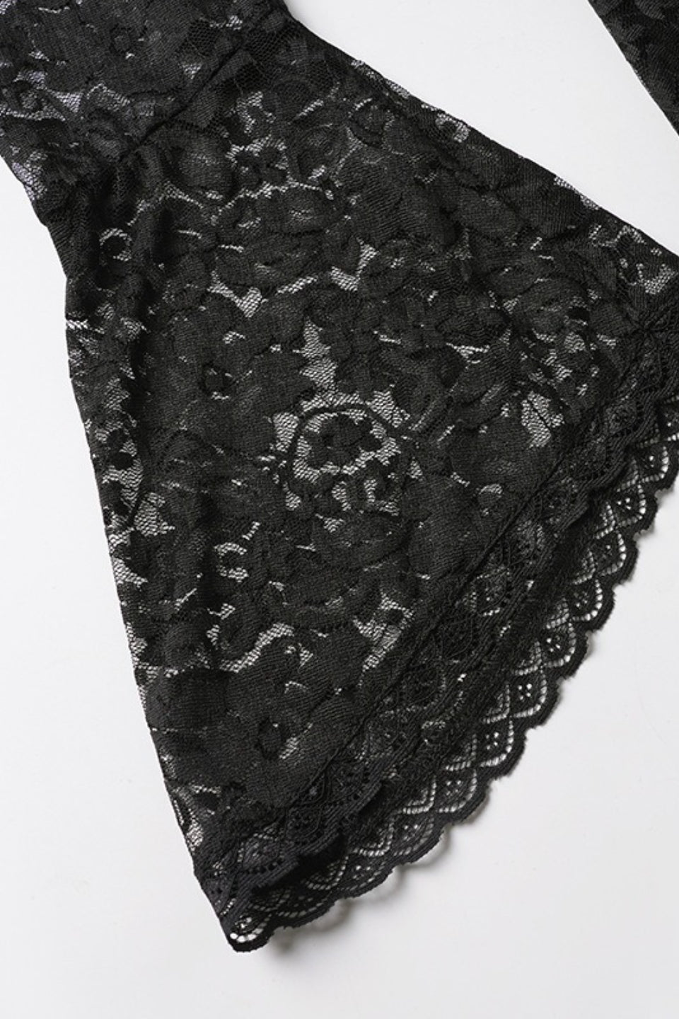 Deep V Neck Bell Cuff Asymmetric Ruffle Hem Lace Mini Dress