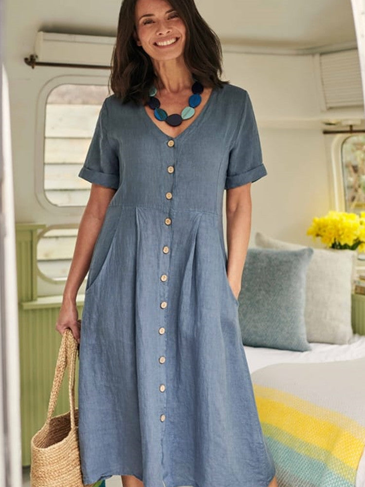 Linen V-Neck Short Sleeve Button Front Pocket Midi Dress