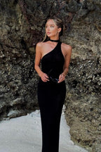 One Shoulder Choker Neck Textured Knit Bodycon Midi Dress