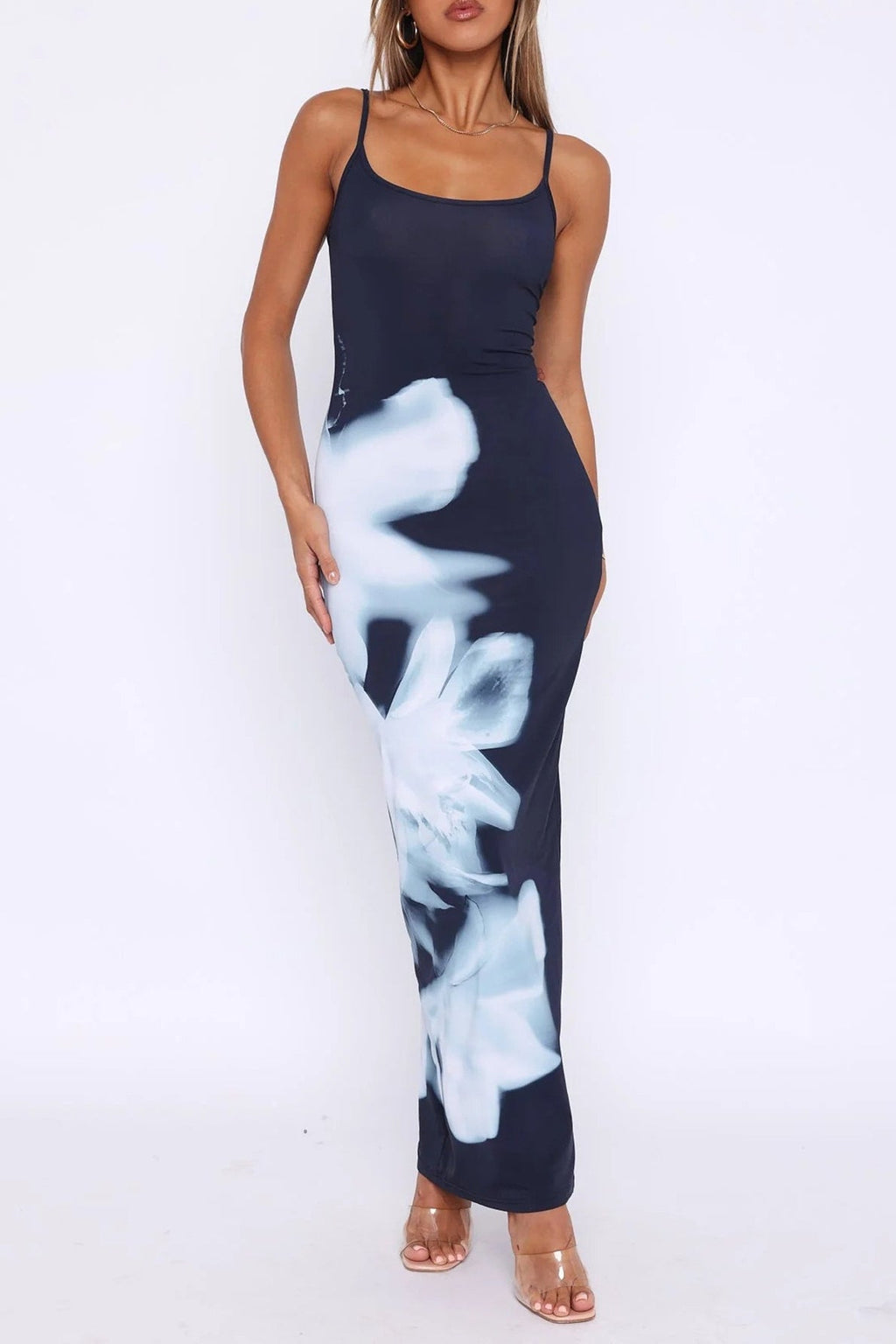 Spaghetti Strap Square Neck Bodycon Abstract Floral Placement Print Maxi Dress