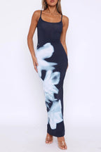 Spaghetti Strap Square Neck Bodycon Abstract Floral Placement Print Maxi Dress