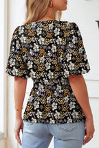 Floral Print V Neck Smocked Babydoll Blouse