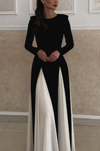 Long Sleeve Crew Neck Paneled Pleated Godet A-Line Maxi Dress