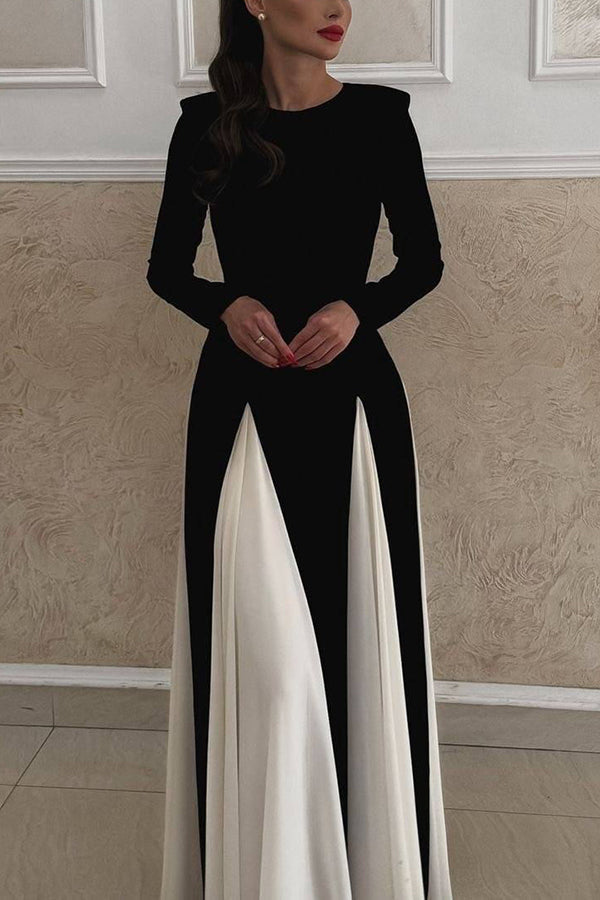 Long Sleeve Crew Neck Paneled Pleated Godet A-Line Maxi Dress