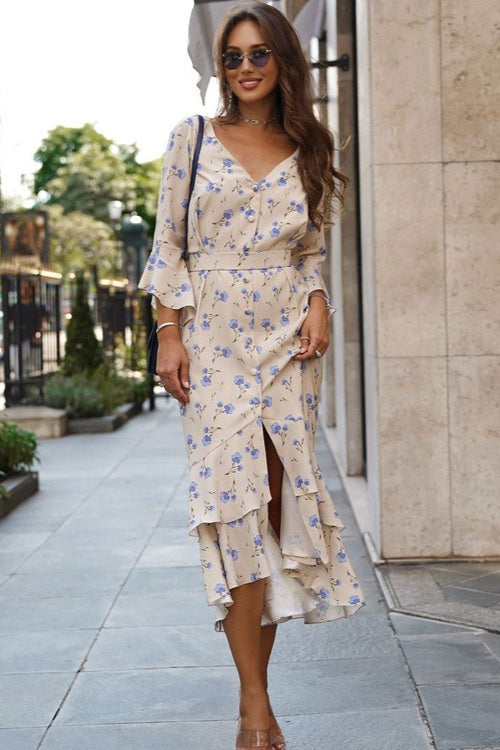 Asymmetric V Neck Flare Sleeve Floral Dress
