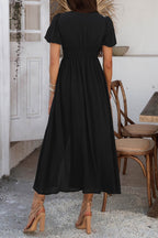 Puff Sleeve Single Breasted Slit Dress