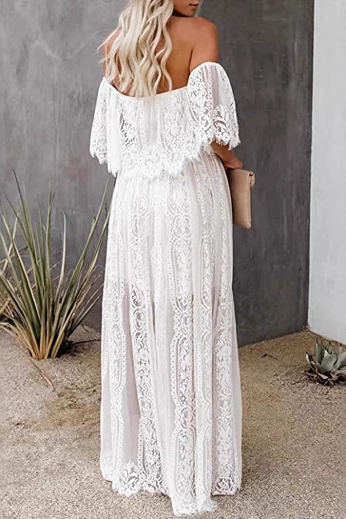White Off Shoulder Ruffle Overlay Lace Panel Sheer Hem Maxi Dress