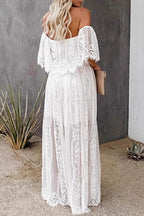 White Off Shoulder Ruffle Overlay Lace Panel Sheer Hem Maxi Dress