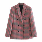Vintage Single Breasted Long Sleeve Plaid Women Padded Shoulder Blazer