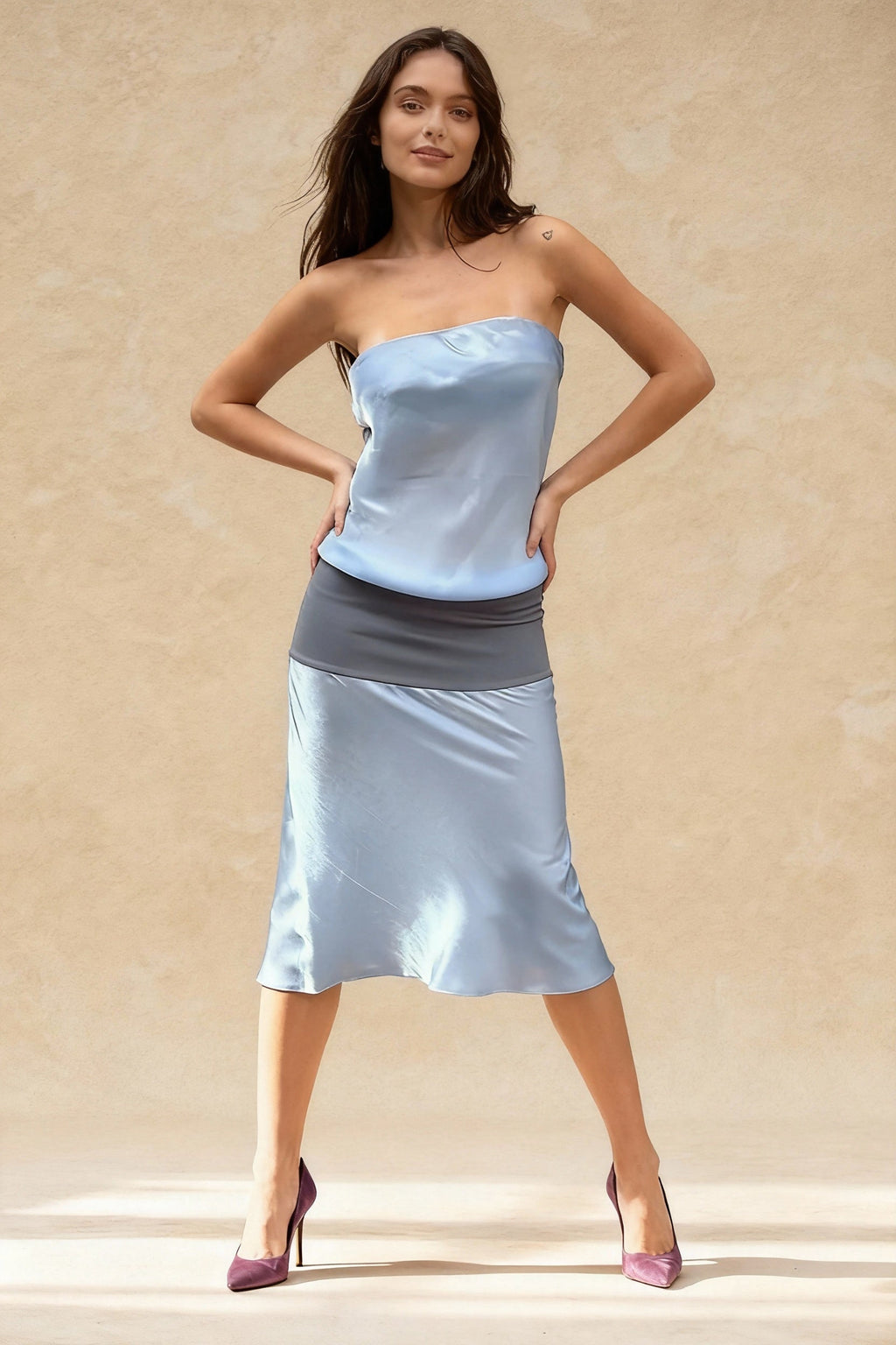 Satin Strapless Color Block Waistband A-Line Midi Dress