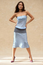 Satin Strapless Color Block Waistband A-Line Midi Dress