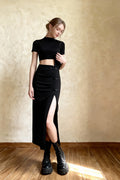 Black Sexy Women A-line Slits High Waist Slim Hip-covering Solid Mid-length Long Streetwear Skirt