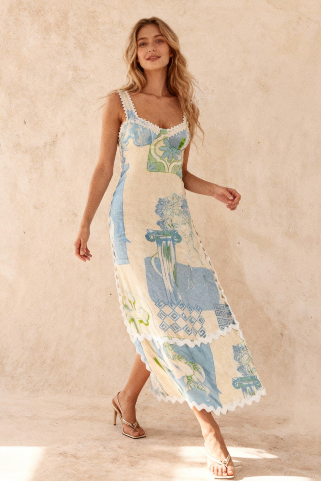 Tile Print Wide Strap Scallop Trim Backless Tie Bow Maxi Dress