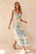 Tile Print Wide Strap Scallop Trim Backless Tie Bow Maxi Dress