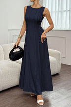 Solid Color Round Neck Sleeveless Elegant Pleated Casual Maxi Dress