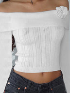 Solid Flower Decor Off Shoulder Sweater