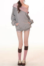 Cute Plaid PatchworkOff-the-shoulder Oversized Two Piece Set