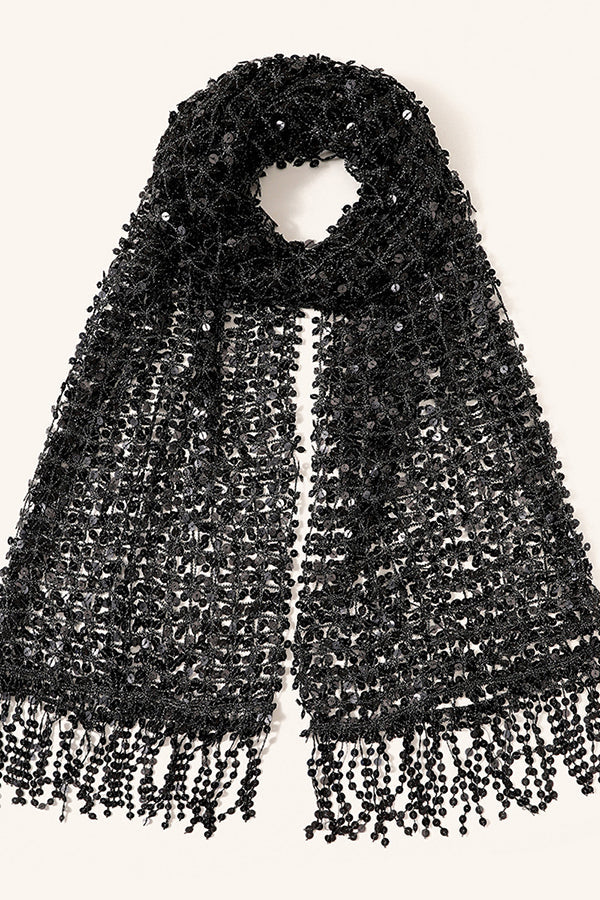 Stylish Sequined, Fringed, and Open-knit Shawl-style Scarf