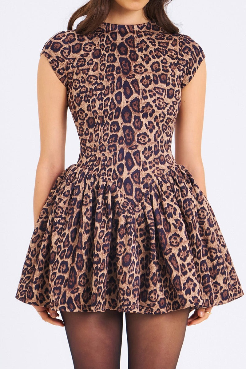 Print Crew Neck Cap Sleeve Fit and Flare Puff Skirt Mini Dress