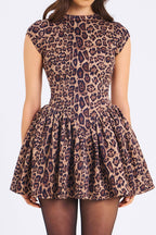 Print Crew Neck Cap Sleeve Fit and Flare Puff Skirt Mini Dress