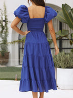 Off-the-shoulder Geometric Color-blocked Print Tulle Skirt With Puff Sleeves Long Dress