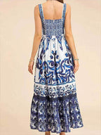 Tile Print Corset Bodice Tiered Ruffle Maxi Dress