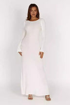Ribbed Knit Long Sleeve Lace Up Open Back Bodycon Maxi Dress