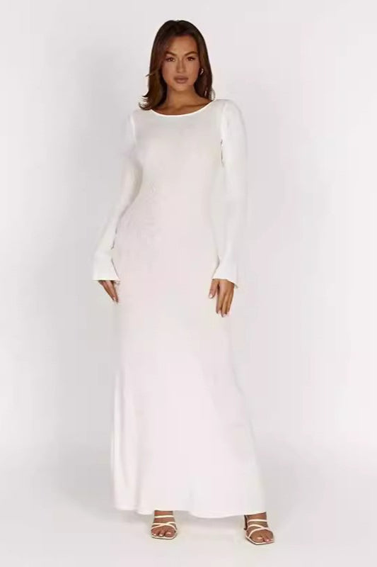 Ribbed Knit Long Sleeve Lace Up Open Back Bodycon Maxi Dress