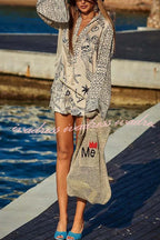 Live By Water Satin Unique Print Tassle Shirt and Elastic Waist Shorts Set