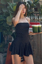 Black Halter Neck Square Neck Polka Dot Flared Ruffle Mini Dress