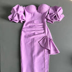 Ruched Midi Dress with Off-Shoulder Statement Sleeves