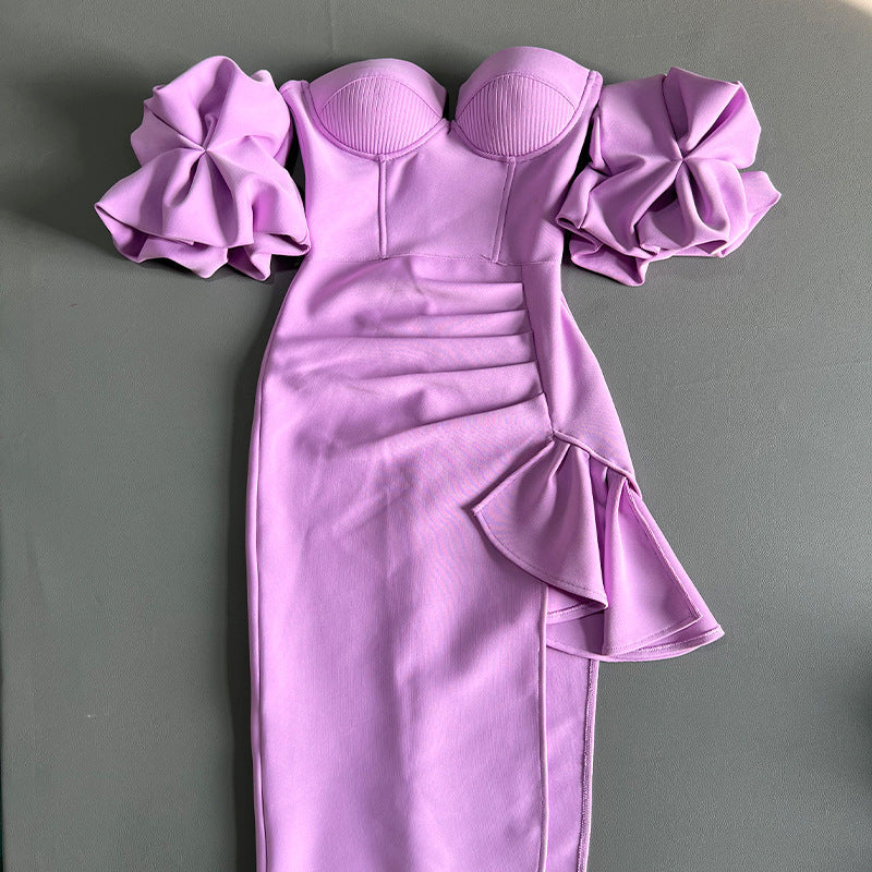 Ruched Midi Dress with Off-Shoulder Statement Sleeves