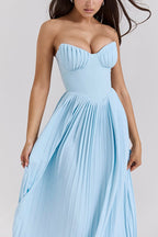 Strapless Sweetheart Pleated Bust Basque Waist Accordion Pleat Maxi Gown