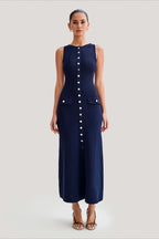 Ribbed Knit Sleeveless Button Down Crewneck Flap Pocket Bodycon Midi Sweater Dress