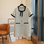 Tweed Square Neck Bow Trim Contrast Cuff Button Front A-Line Mini Dress