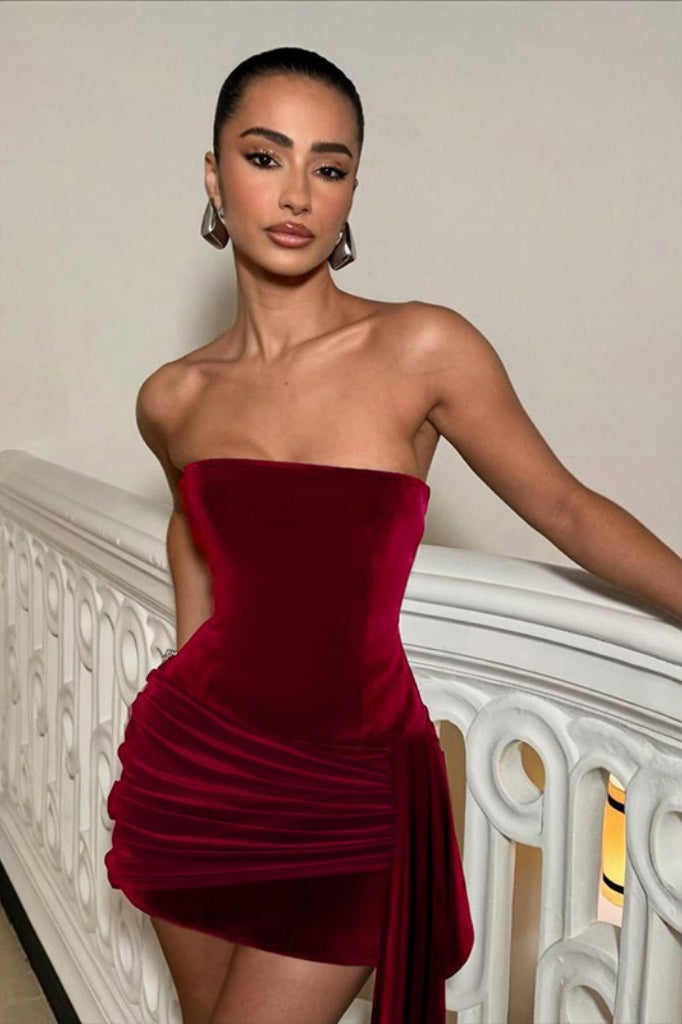 Red Strapless Velvet Bodycon Mini Dress