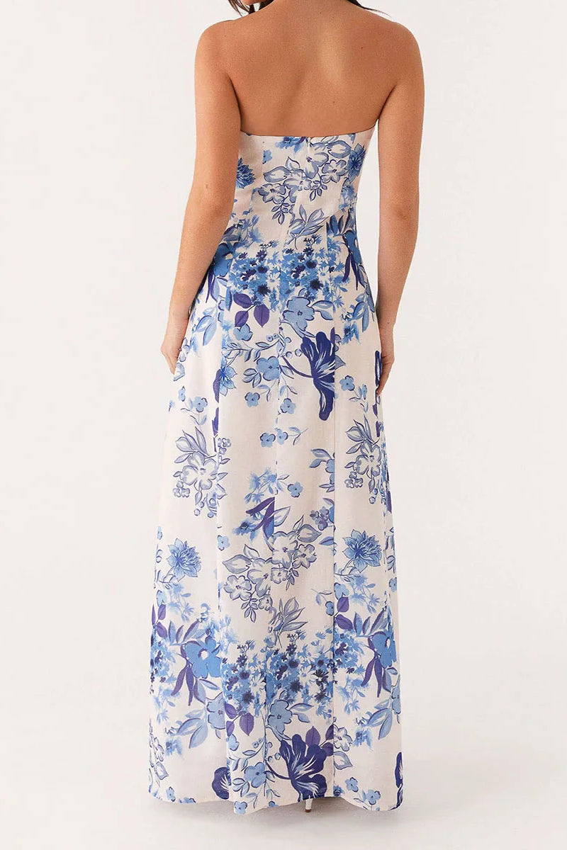 Floral Tile Print Strapless Ruffle Trim Bodycon Maxi Summer Dress
