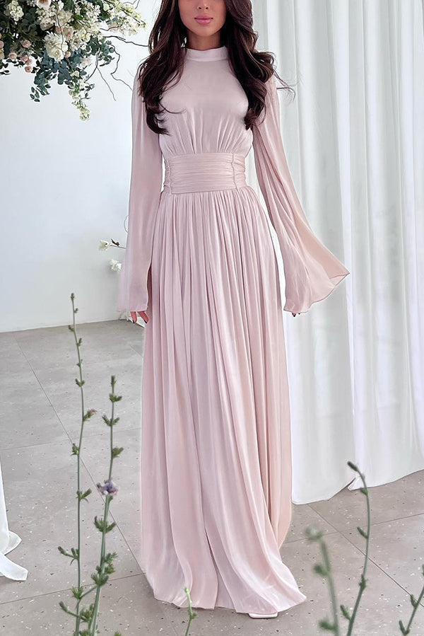Mock Neck Long Sleeve Pleated Waistband Flowy Maxi Dress