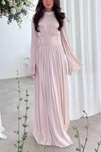 Mock Neck Long Sleeve Pleated Waistband Flowy Maxi Dress