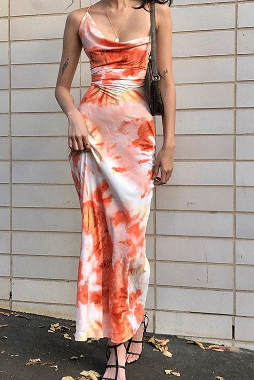 Orange Spaghetti Strap Cowl Neck Spiral Tie Dye Print Bodycon Maxi Dress
