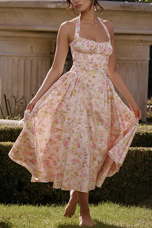 Halter Tie Front Waisted Floral Print Midi Dress