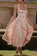 Halter Tie Front Waisted Floral Print Midi Dress