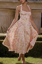 Halter Tie Front Waisted Floral Print Midi Dress