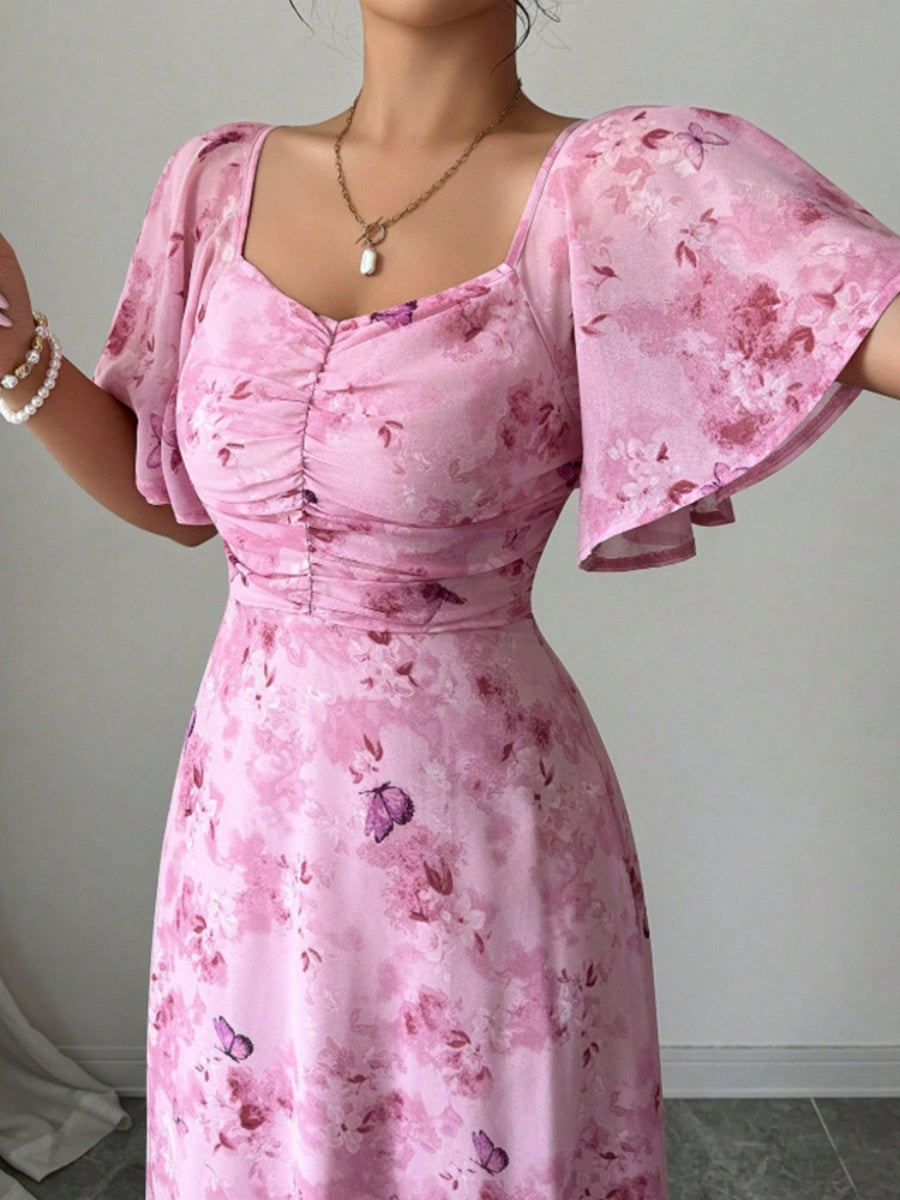 Floral Lotus Leaf Sleeves Sweetheart Collar Vacation And Leisure Maxi Dresses