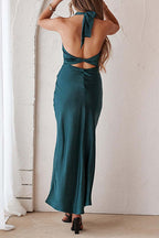 Halter Open Back High Slit Satin Midi Dress