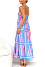 Spaghetti Strap Ruffle Tiered Color Block Striped Maxi Dress