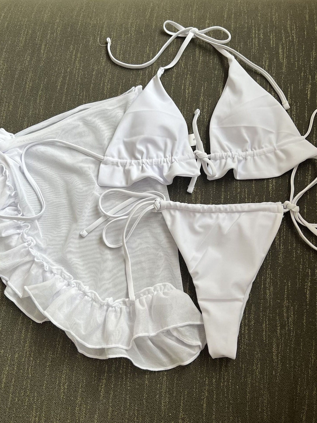 Mesh Skirt With Ruffled Trim, Solid Color Bikini Three-piece Set