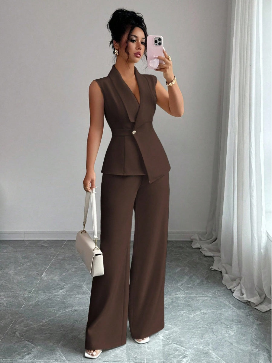 Commuting Sleeveless Suit Collar Vests Straight-leg Pants Set 2-piece Sets